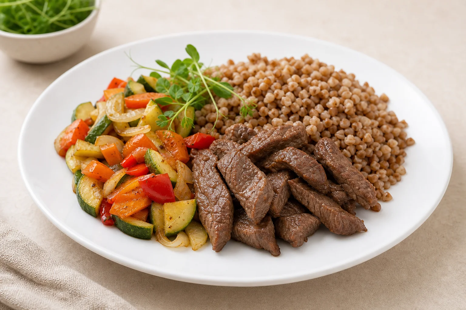 Beef strips with buckwheat and vegetables