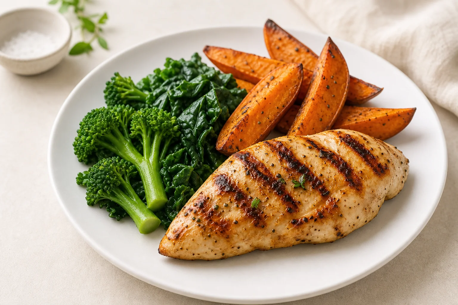 Grilled chicken with sweet potato and greens