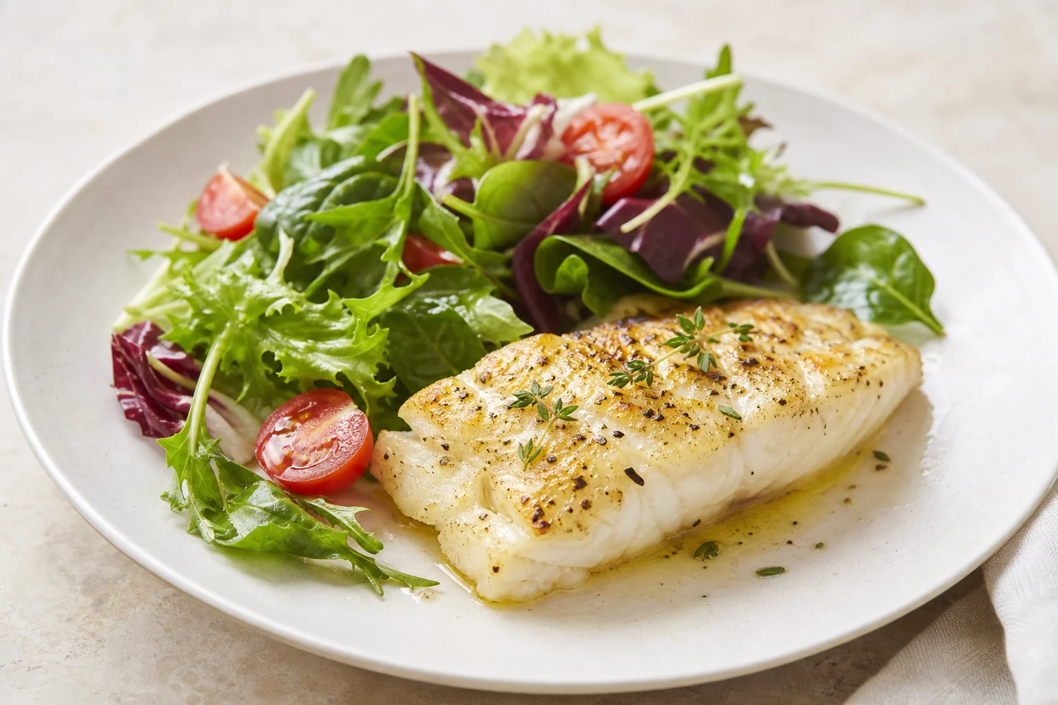 Baked cod with mixed salad