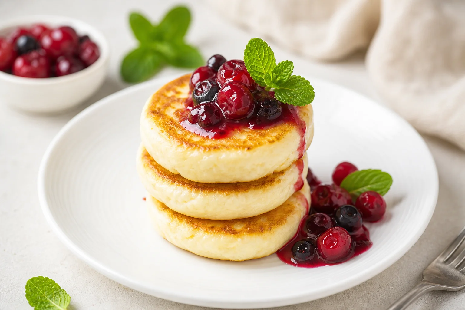 Cottage cheese pancakes with berry compote