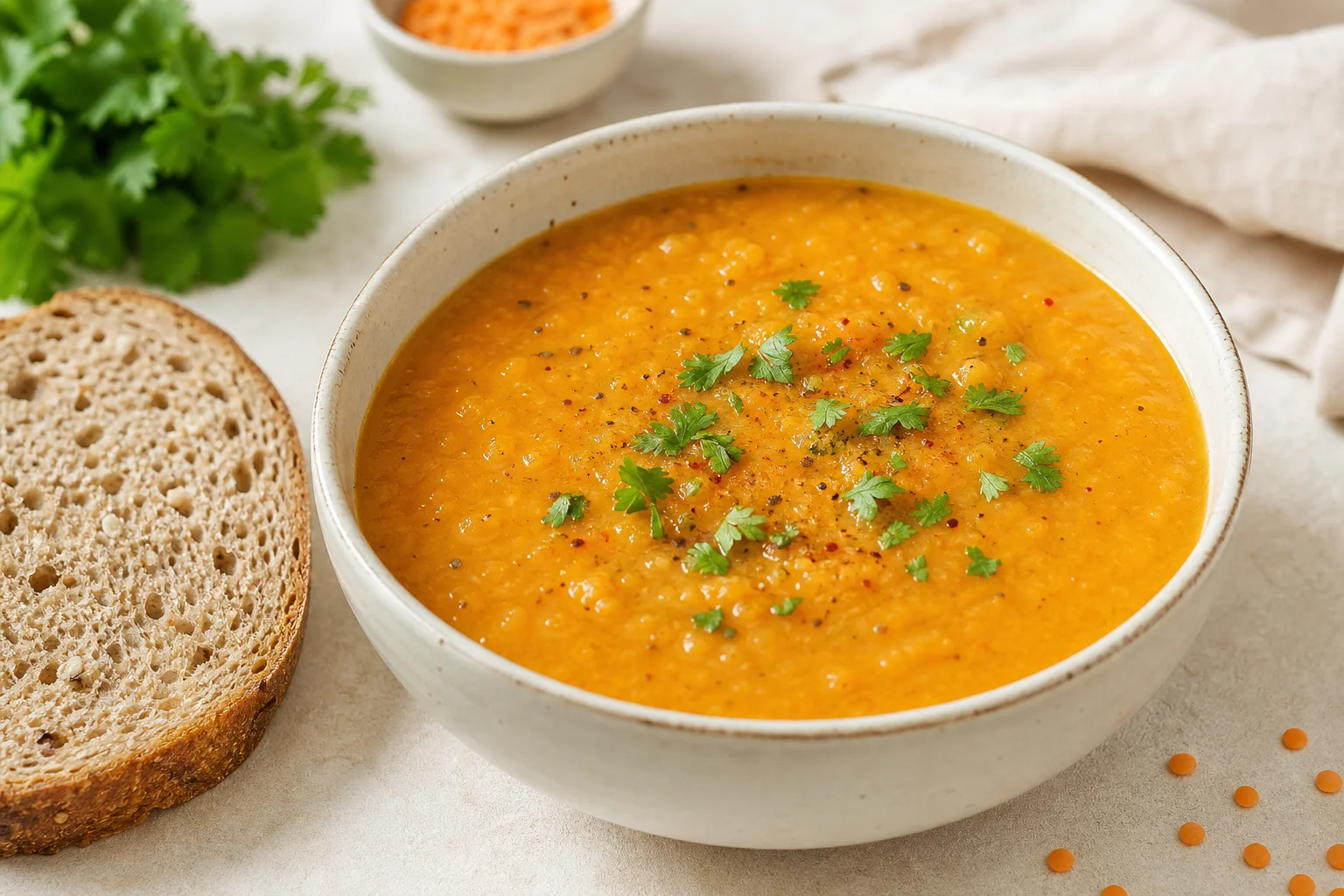 Red lentil soup with wholegrain bread