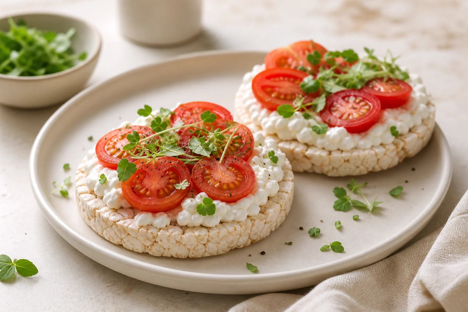 Rice cakes with cottage cheese and tomato
