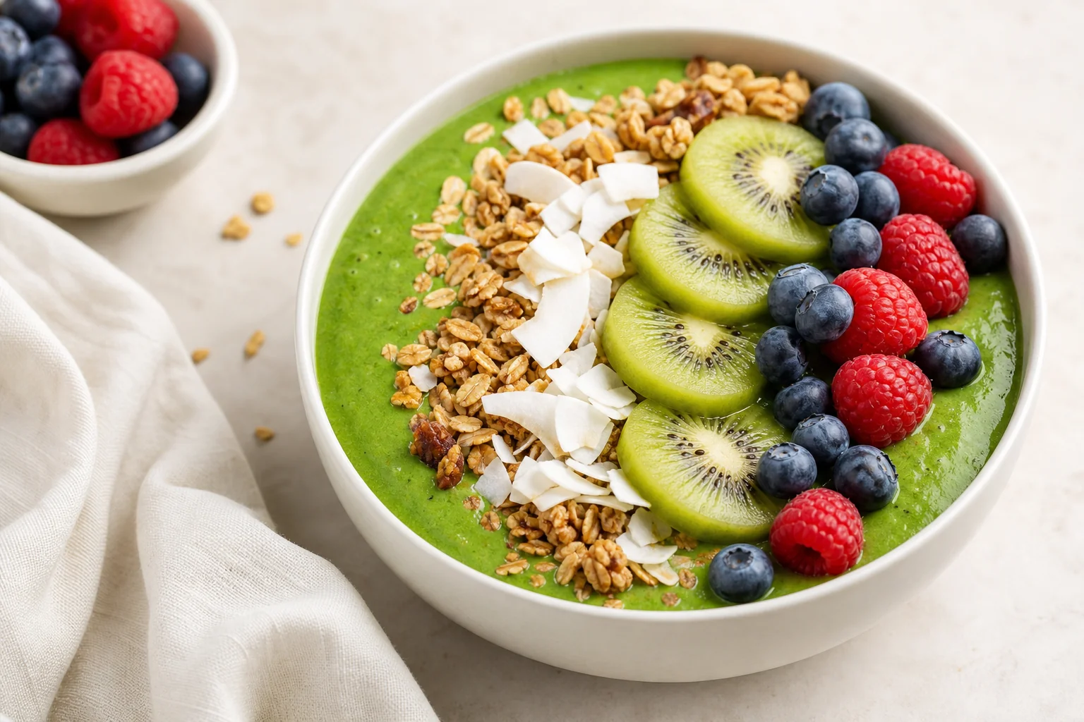 Green smoothie bowl with toppings