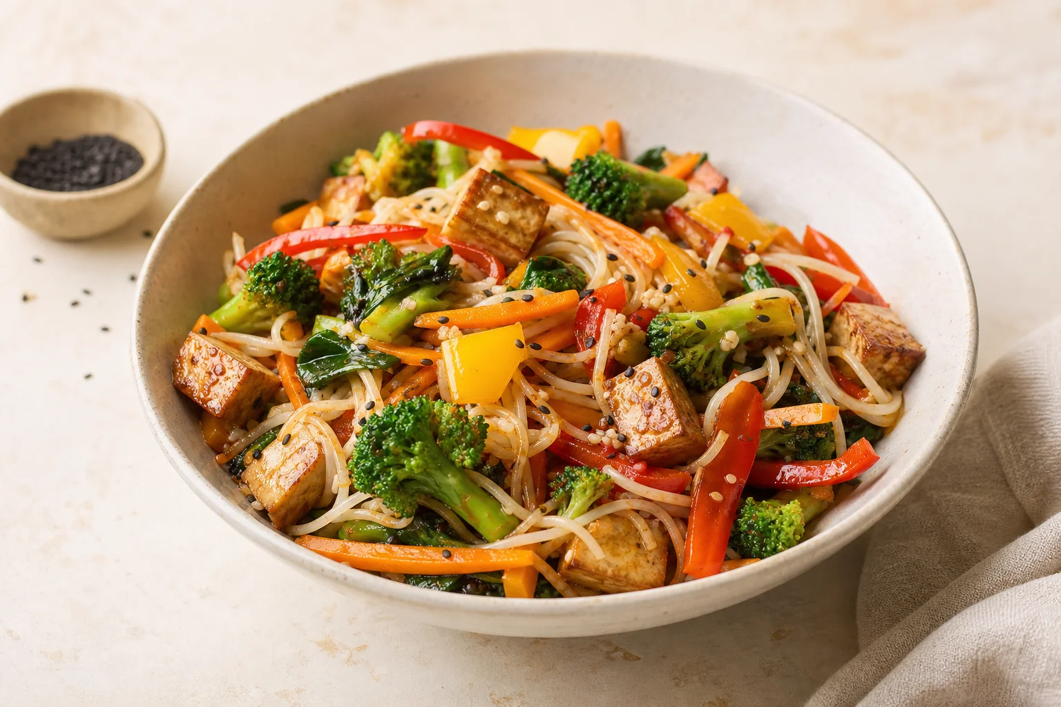 Tofu stir-fry with rice noodles